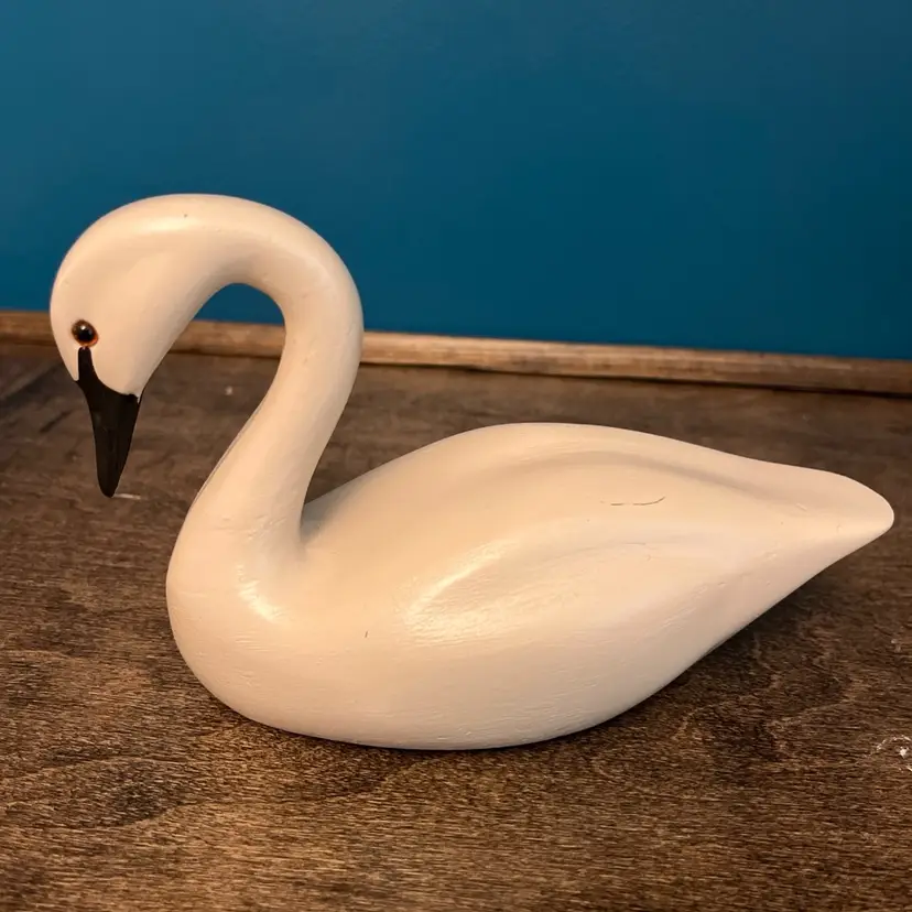 Vintage Hand Carved Painted Solid Wood Swan Decoy Marked S039 4x6.5” Glass Eyes