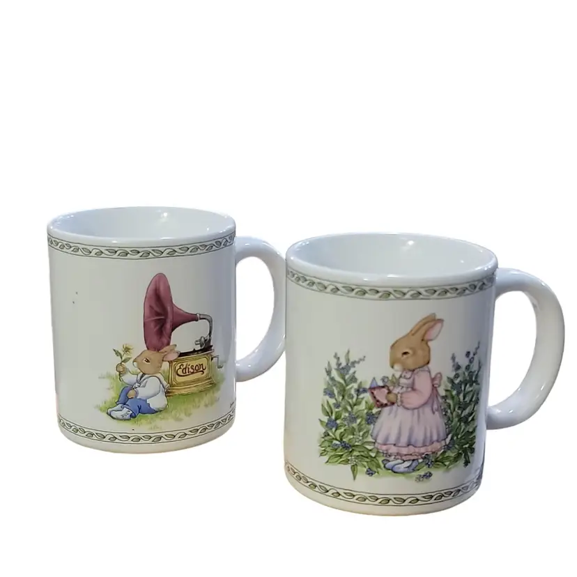 2 Mugs Edison Phonograph Rabbit Susan Labelle Garden Bunny Anthropomorphic 1986