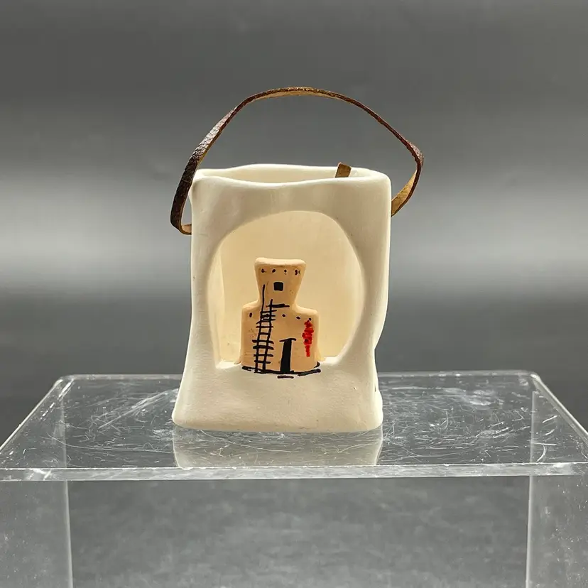 Native American Pueblo Clay Pottery Luminaria Miniature Bag Ornament Signed