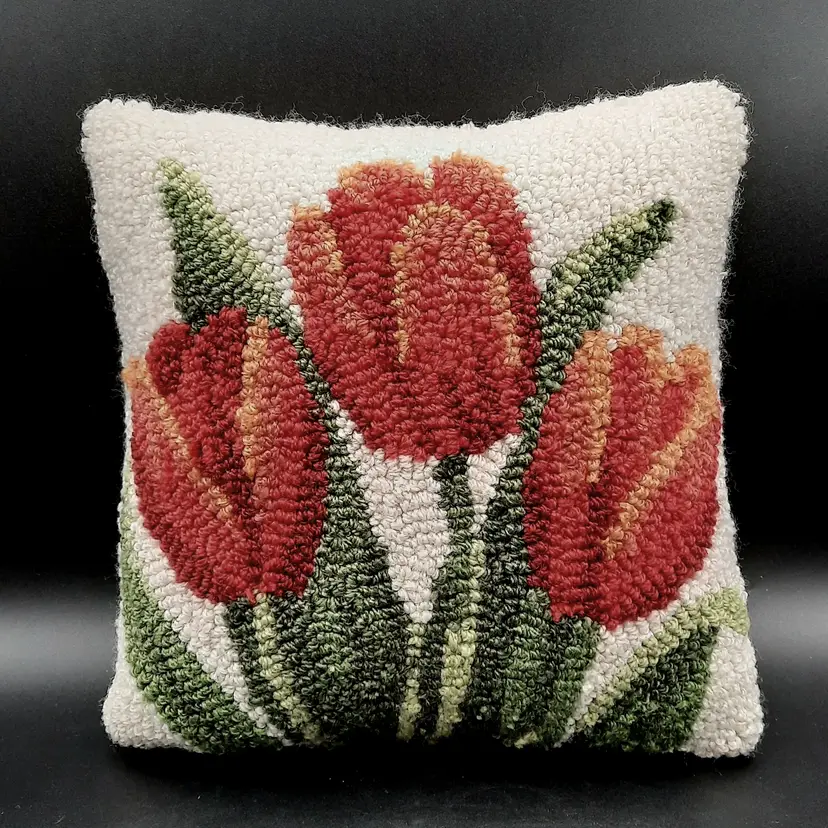 Red Tulips Pillow Wool Hooked