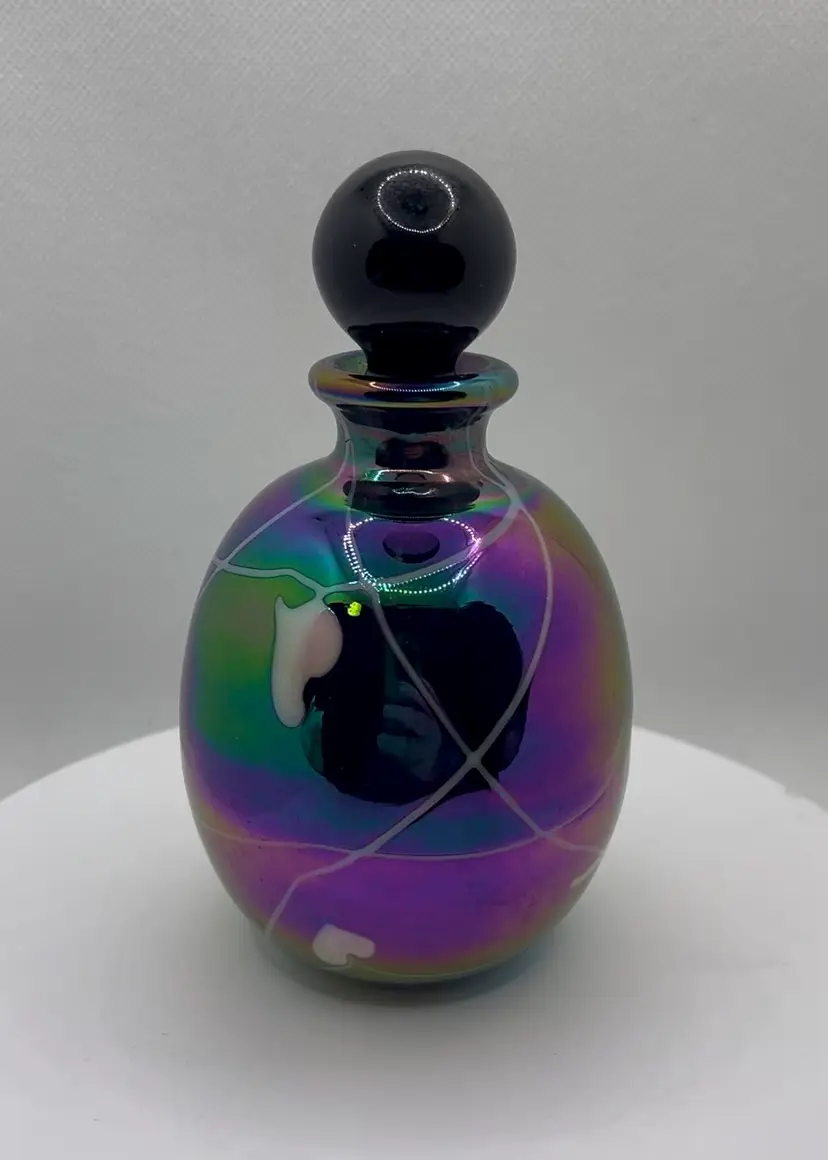 Vintage hanging hearts iridescent art glass perfume bottle with black stopper
