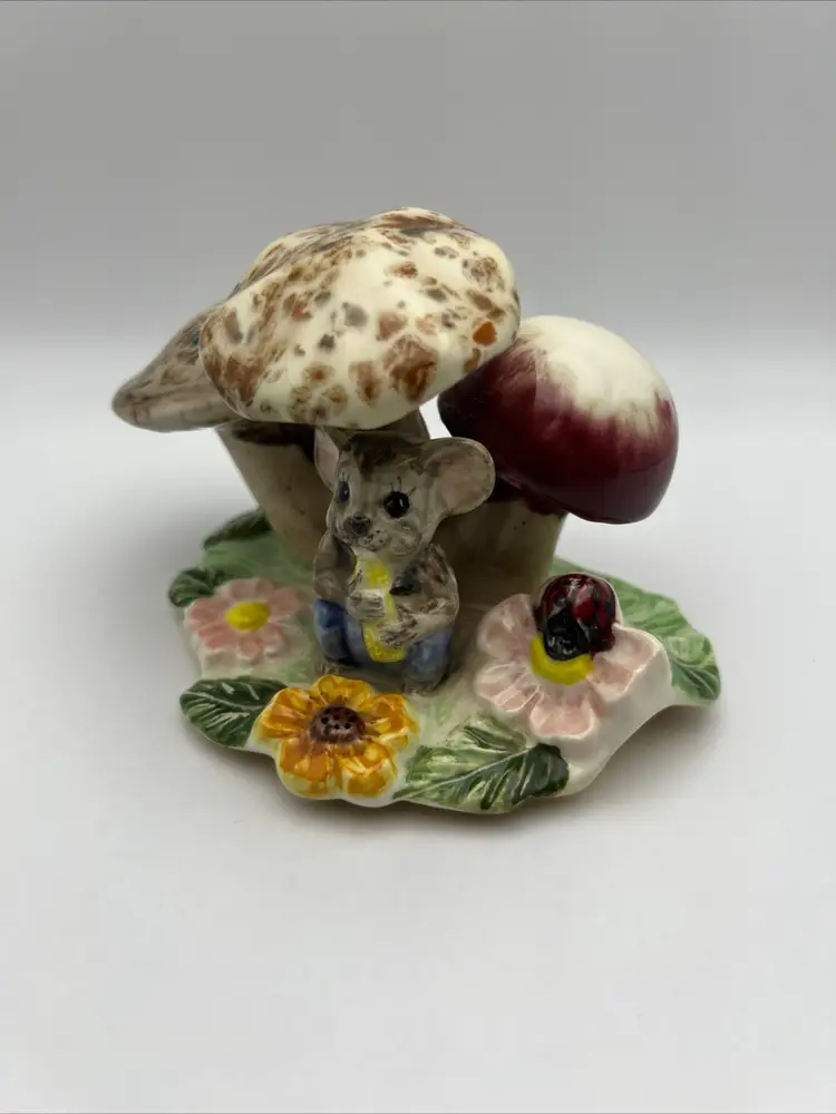 Ceramic Mouse And Ladybug Under Mushrooms On Flowers & Leaves Hand Painted