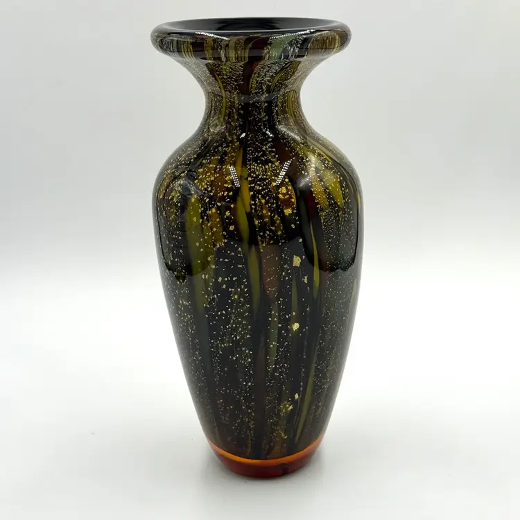 Art Glass Encased Multicolor Large Heavy 11 Inch Vase Black Amber Yellow Gold Flecks