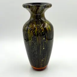 Art Glass Encased Multicolor Large Heavy 11 Inch Vase Black Amber Yellow Gold Flecks