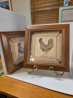 2 FRAMED PRINTS by J. WIENS ROOSTER ART Chickens , size with frame 9.5 X 9.5