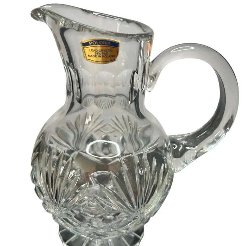 Polonia Lead Clear Crystal Pitcher 24% Lead Crystal Made In Poland 9 1/2 Inches Tall