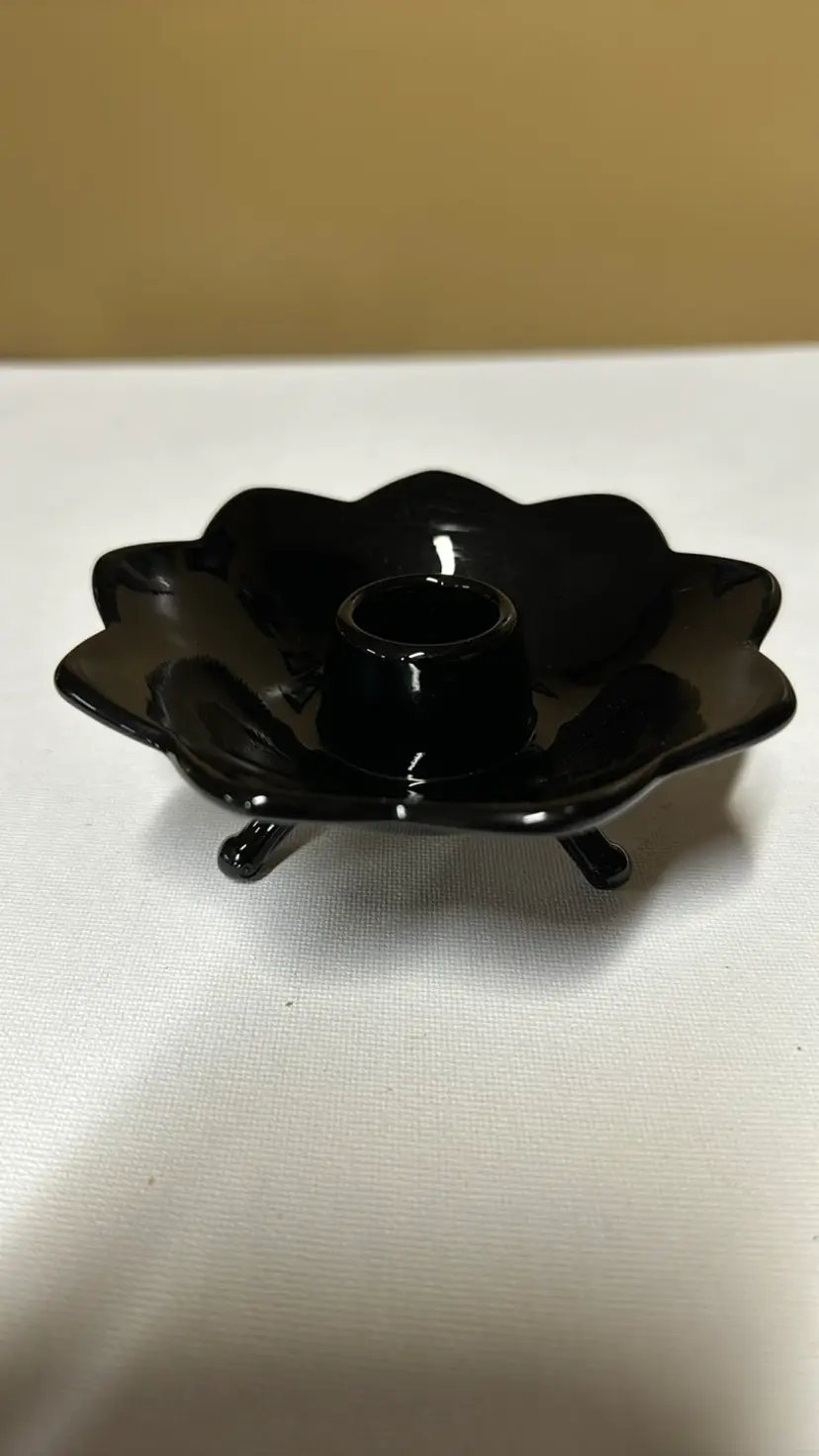 Fenton Black Glass 3-Toed Footed Lotus 9-Petal Taper Candle Holder