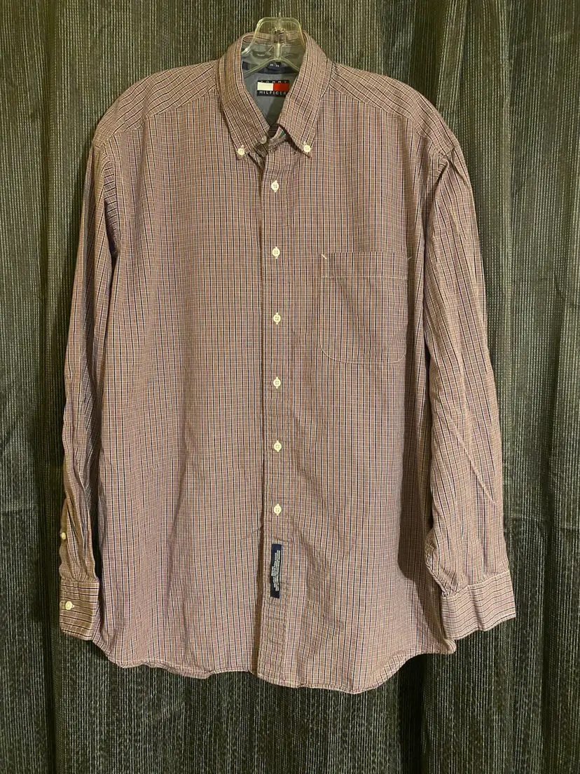 Tommy Hilfiger Men's Size 16 34-35 Red & Blue Plaid Long Sleeve Dress Shirt VTG