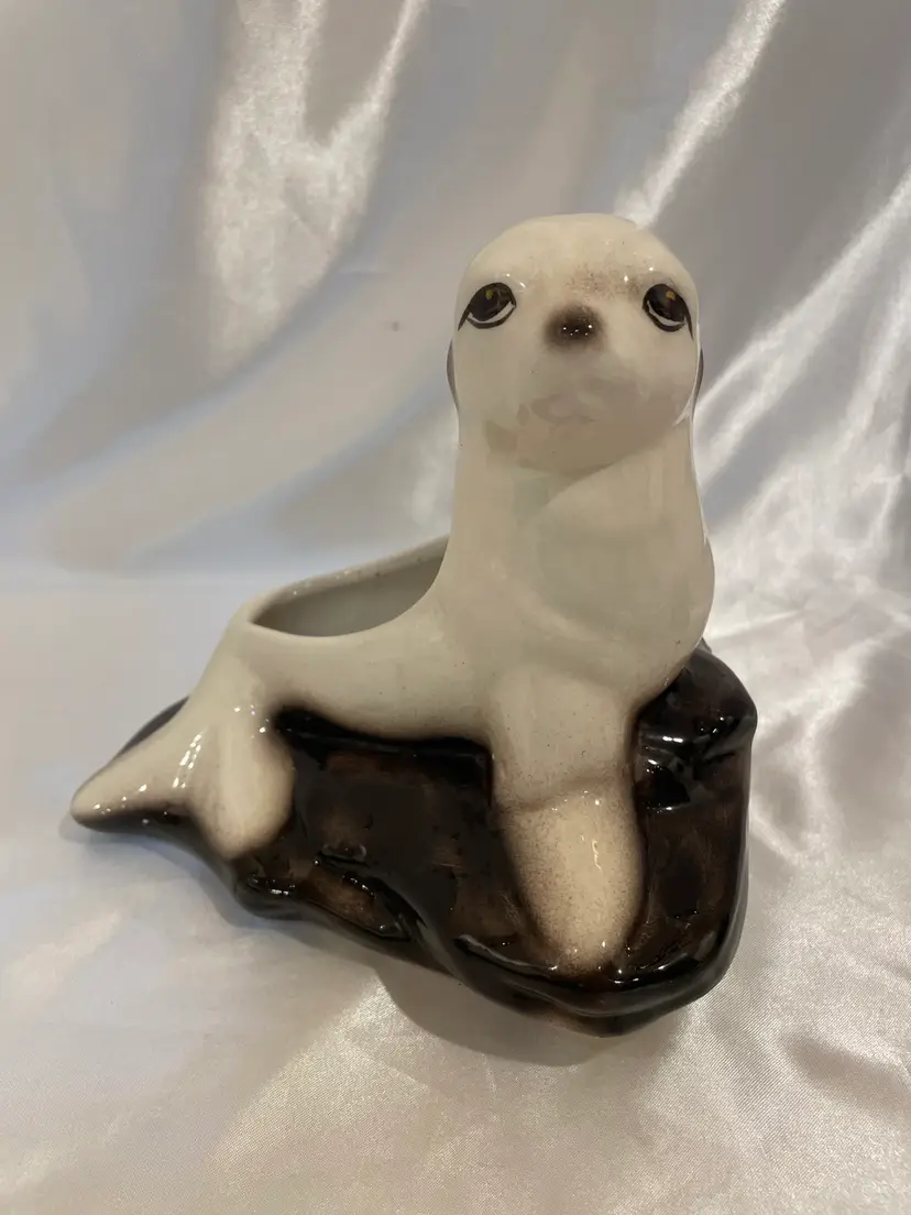 Vintage Baby Seal Planter Pot With Crazing