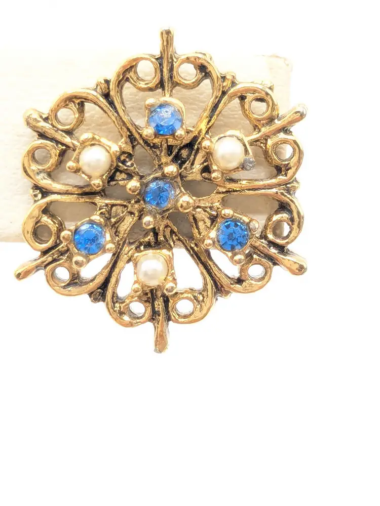 Vintage Gold Tone Filigree Blue Rhinestones Faux Pearls Pierced Earrings