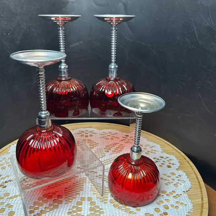 Vintage Art Deco Ruby And Amberina Wine Goblet W/Detachable Metal Stem Cut-set Of 4