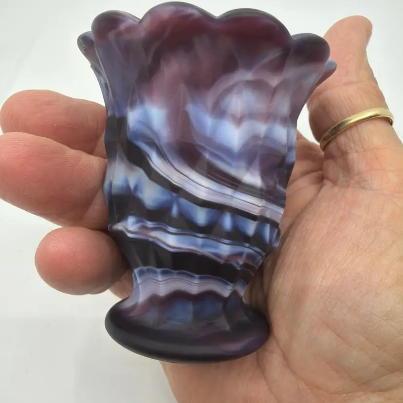 Vintage Akro Agate purple blue white swirled slag glass Urn Toothpick Holder
