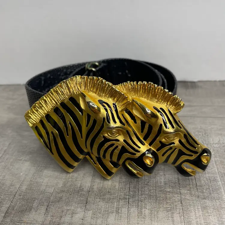Vintage DOREEN RYAN Double Zebra Head Gold Black 1.25 in adjustable belt 35 in 