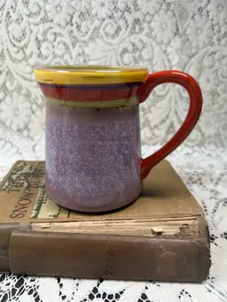 Clay Art, Purple, Red, Yellow Striped Coffee Mug
