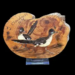 #268A Vintage Hand Painted And Signed Roadrunners On A Wood Slice With Natural Edge 
Cloudcroft, NM 
Signed Farmer