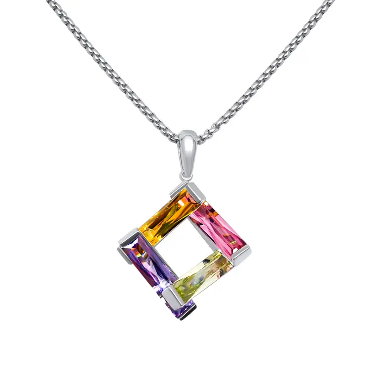 Pastel Rainbow Geometric Pendant Necklace Silver Tone Square Modern Jewelry