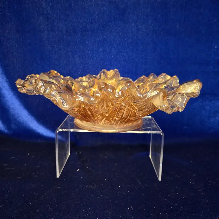 243  Antique Millersburg Fleur de Lis Bowl Marigold Carnival 3-1 Edge 1920s