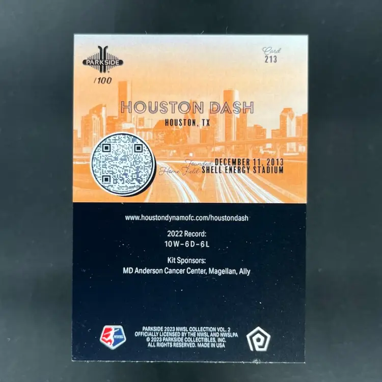Houston Dash 2023 Parkside NWSL Team Crest Shimmer /100 Soccer Card