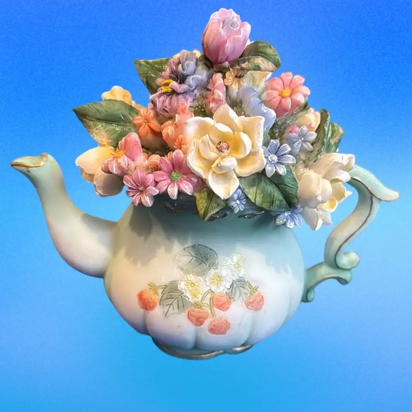 Beautiful  Floral Tea Pot With Hand Painted Strawberries - Custard Glass?