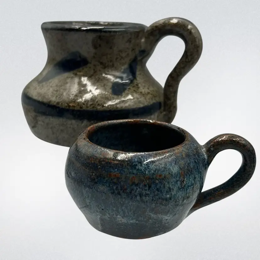 Pair Of Vintage Handmade Pottery Mugs Signed 4” & 2.5”