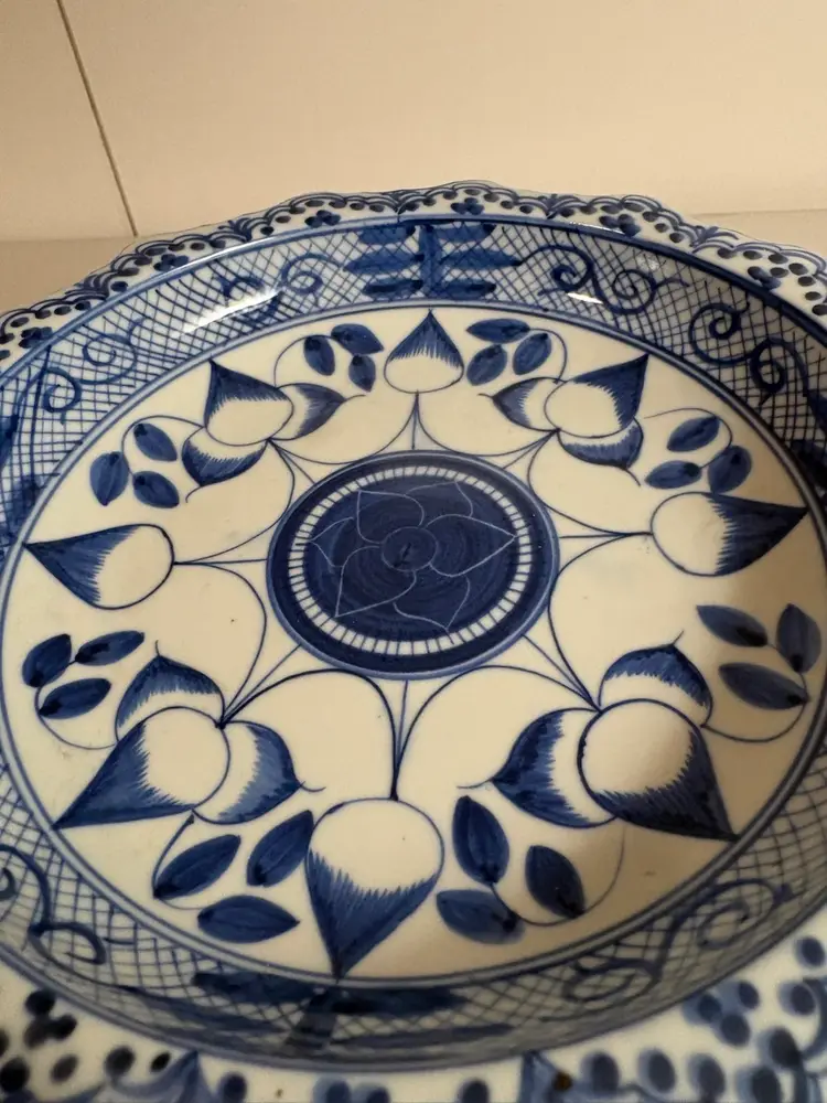 Vintage Blue and White Asian Pedestal Serving Dish: Thai Altar Bowl