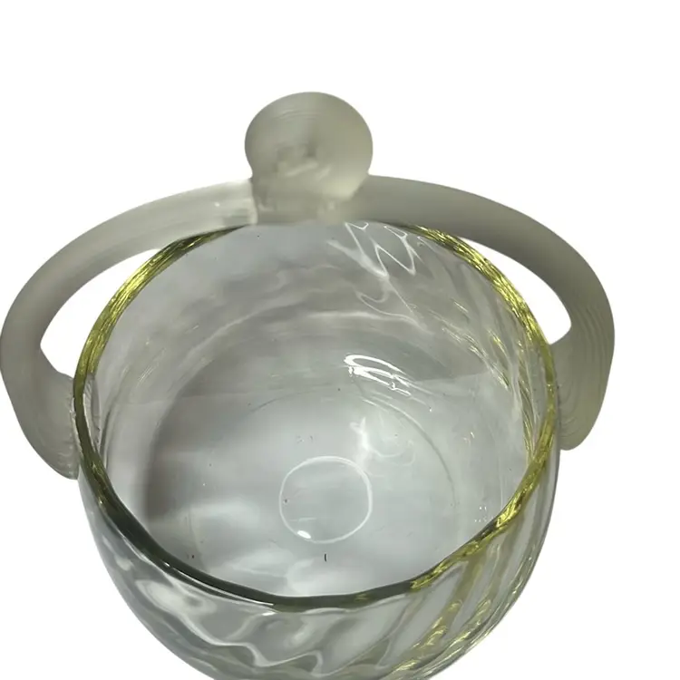 Vintage Clear Art Glass Basket With A Slight Yellow Tint And A Satin Reed Handle