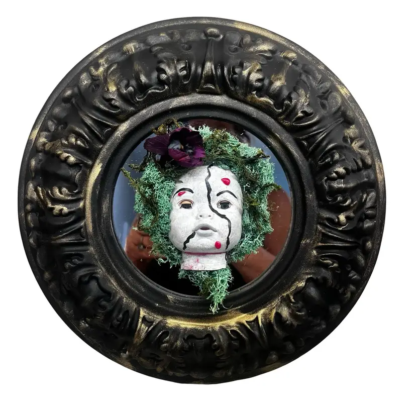 Vintage Made By Me Drnksuzy Upcycled Mirror Creepy Scary Doll Halloween Wall Decor scary Holiday Moody Dark Academia DIY OOAK