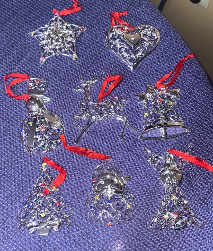 LENOX 8 Sparkle & Scroll Clear and Multi Crystal Ornaments in Boxes Silverplate
