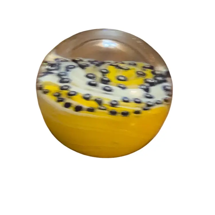 John Gentile (Ship G Stamped Base) Yellow With Black & White Canes Art Glass Paperweight - RARE 3.75”