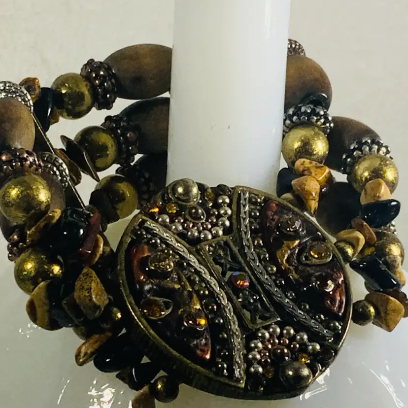 Vintage Costume Jewelry Bracelet Brass Tone Metal Rhinestones Wood And Acrylic Beads Three Stands