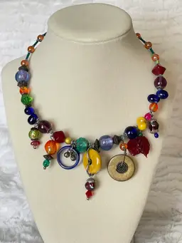 Signed Vintage 1990s Treska Lampwork Glass Statement Necklace Boho Artisan