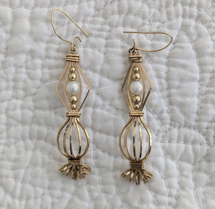 Vintage Artisan Made Dangly Gold Plated Wire Earrings with Cultured Pearls
