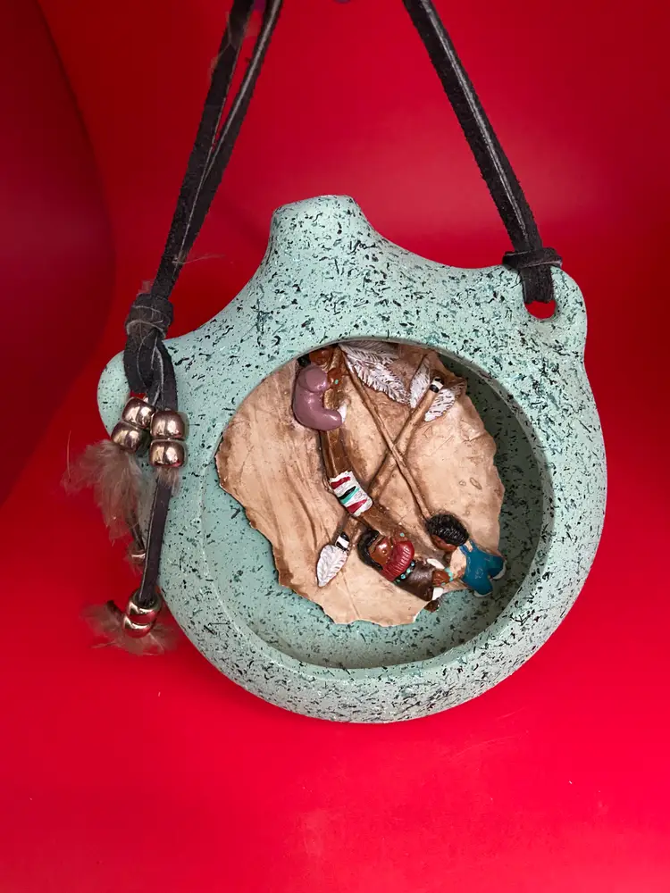 Native American Pottery Wall Hanging w/ Recessed Sculpted Scene, 5.5"