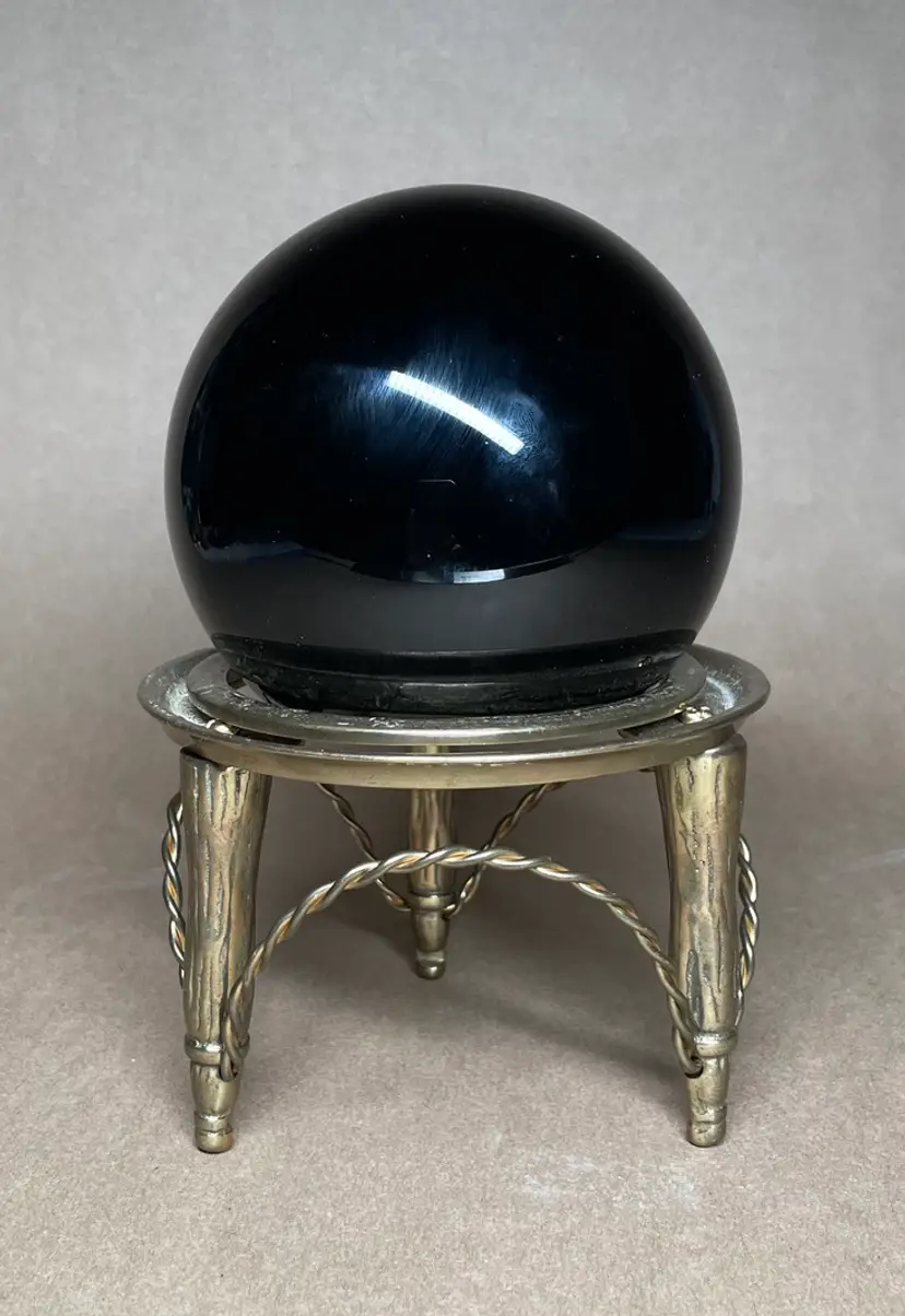 Solid Black Decorative Obsidian Glass Orb with Brass Stand Classic Accessory Paperweight Vintage