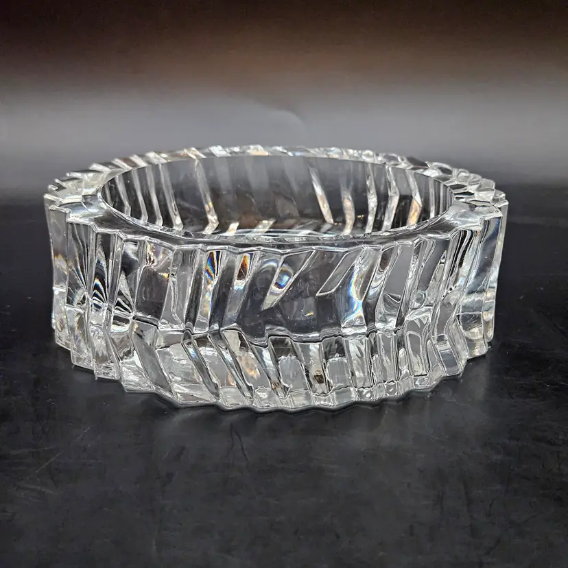 Clear Heavy Cut Crystal Glass Ashtray Trinket Bowl Chevron Zig-Zag Pattern