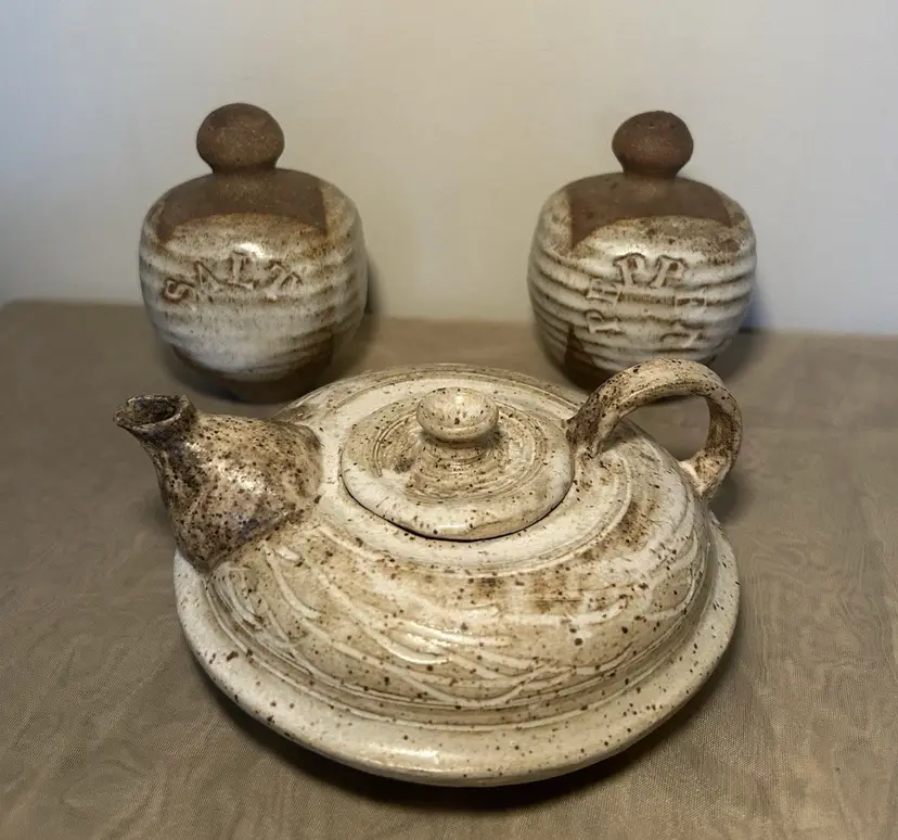 Handmade Pottery Salt And Pepper Shakers And Teapot