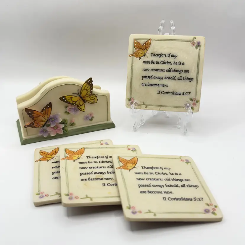 Vintage Butterfly Hand-painted Barware Coaster Set of 4 with Holder, Inspirational Quote II Corinthians 5:17, By A. Richesca Corp., Made in China, MPN MH182