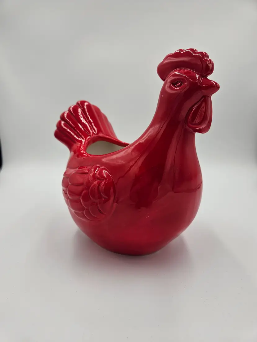 #C25 Transpac Contemporary Red Glazed Ceramic Chicken Planter