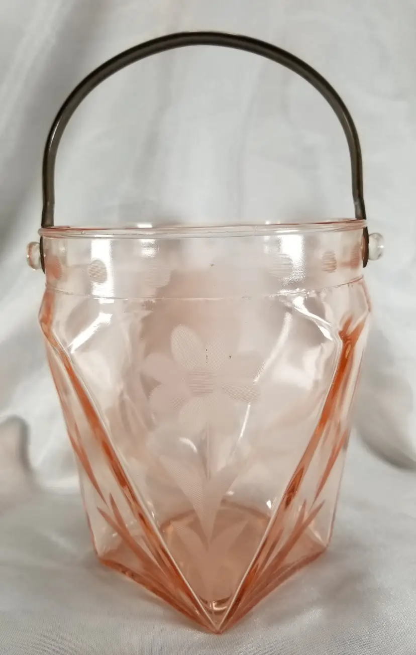 Vintage Pink Depression Glass Cut Flower Design Ice Bucket
