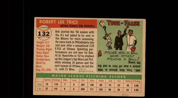 1955 Topps #132 Bob Trice - (pk-tl1) - Kansas City Athletics