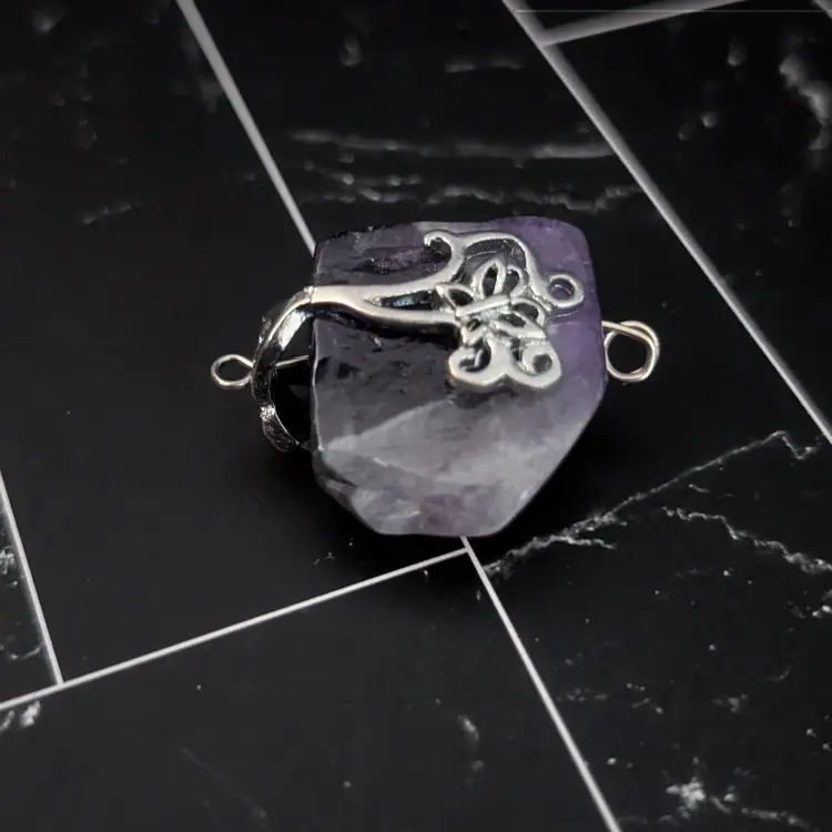 Vintage Pendant Raw Purple Stone with Silver Tone Accent - No Chain Included
