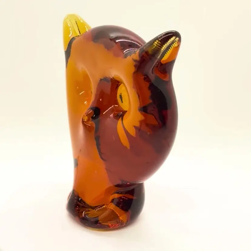 Vintage Viking Art Glass Amber Owl Figurine Paperweight Hand Blown MCM 4”