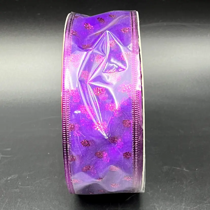 Wired Edge Ribbon 2" x 75' (25 yds Purple Fuchsia Pink Glitter Polka Dot Pattern