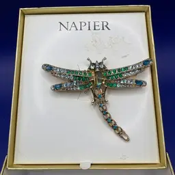 Napier Green And Blue Rhinestones Dragonfly On Gold Tone Brooch