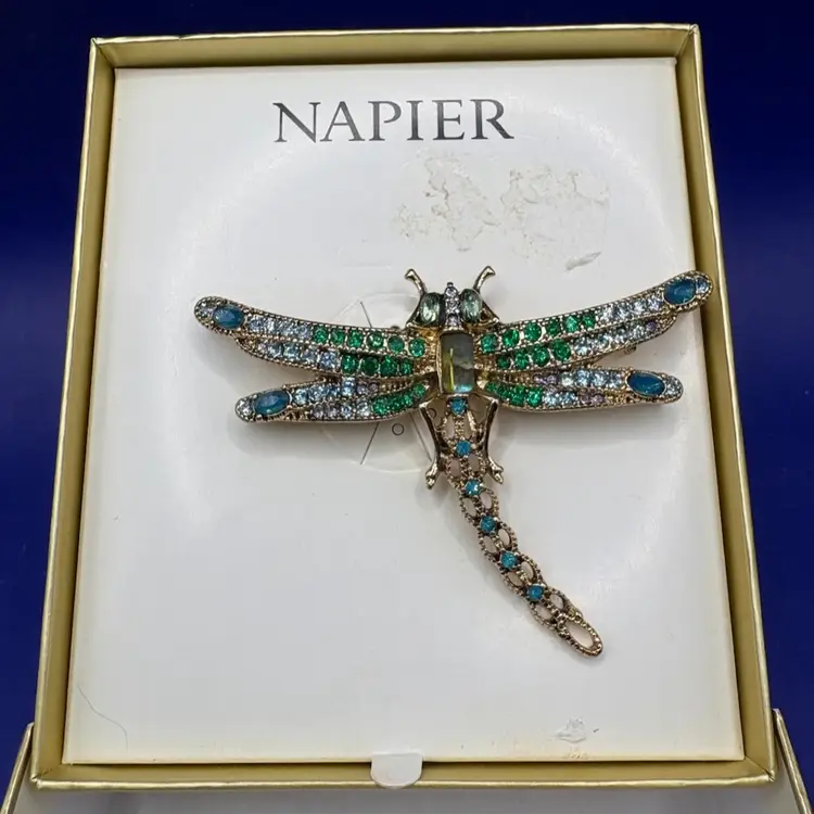 Napier Green And Blue Rhinestones Dragonfly On Gold Tone Brooch