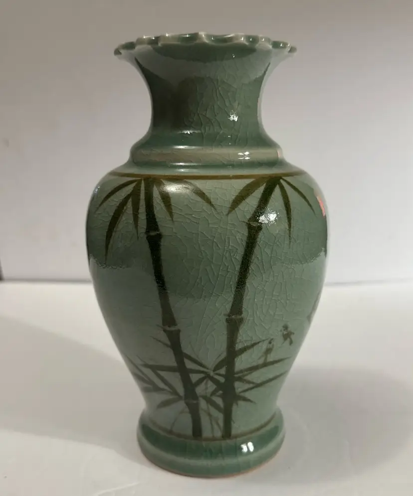 Siam Celadon Pottery Vase Green Thailand Wood Ash Glaze~Handmade-Vase Bamboo