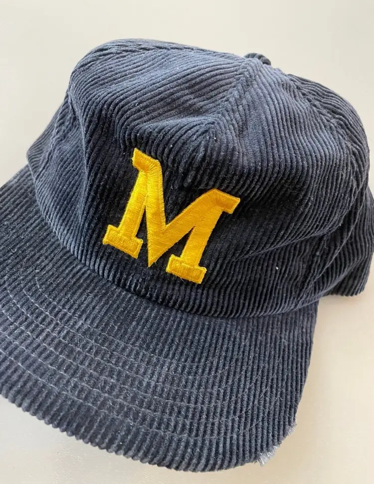 Vintage 80’s Michigan Wolverines Blue Corduroy Snapback Hat Brim Damage. Made in USA.