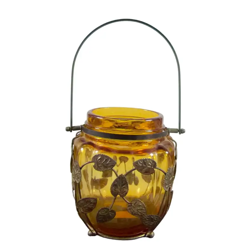 026. Amber Glass Jar With Brass Leaf Accents 6”