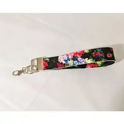 Handmade Faux Leather Wristlet Key Chain / Fob. Black with bright printed florals.