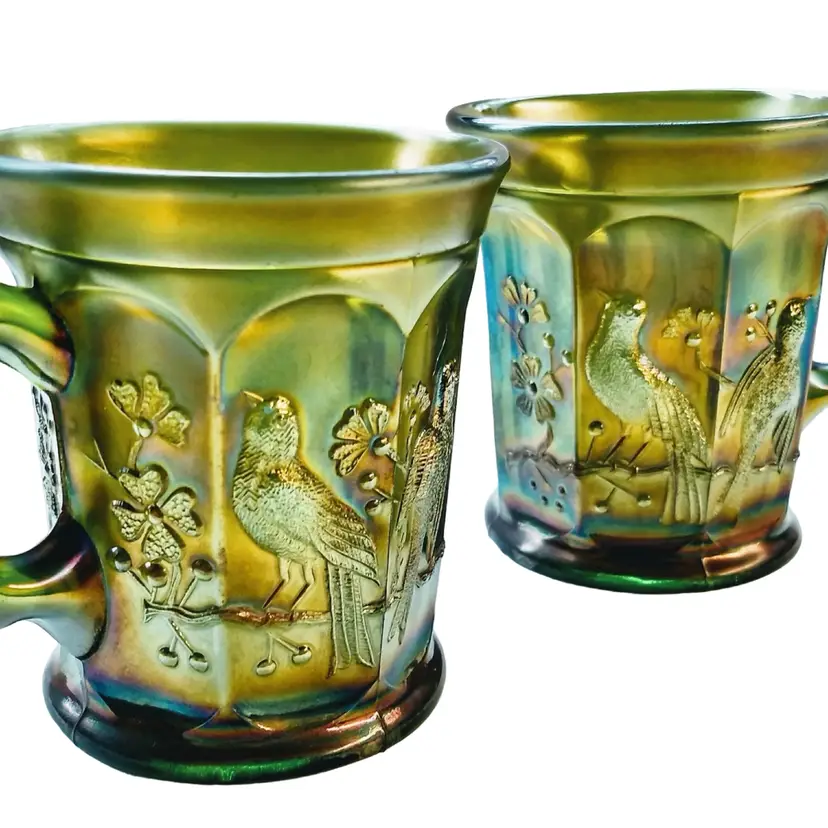 Northwood Singing Birds Carnival Glass Mugs (Pair). HTF Emerald Green Iridescent color.